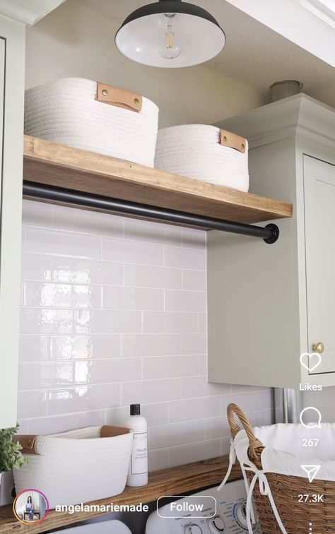 Laundry Room Floating Shelves With Hanging Rod, Laundry Room Shelf With Hanging Rod, Floating Shelf Laundry Room Farmhouse, Laundry Room Hanging Bar Wall Shelves, Laundry Room Floating Shelves, Laundry Toom Shelves, Room Floating Shelves, Dream Laundry Room, Laundry Room