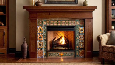 Pewabic Fireplace, Craftsman Bungalow Fireplace, Fireplaces Ideas Living Room, Craftsman Fireplaces, Craftsman Fireplace Ideas, Fireplace Insert Ideas, Fireplace And Bookshelves, Bungalow Fireplace, Craftsman Style Fireplace