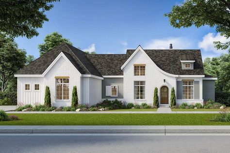 4-Bedroom 1-Story French Country Home With Snack Bar in Lower Level Rec Room (Floor Plan) Hidden Workspace, Room Floor Plan, Sloped Roof, Bar Flooring, French Country House Plans, Bedroom Suites, French Country Home, Open Concept Floor Plans, Built In Bbq