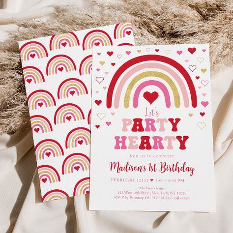 Party Hearty Birthday, Heart Themed Birthday, Rainbow Birthday Invitations, Birthday Party Snacks, Birthday Party Theme Decorations, Rainbow Hearts, Invitation Party, Valentine's Day Party, Heart Themed