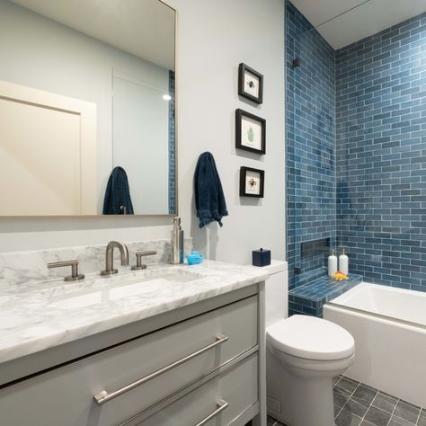 A bathroom specially designed for a little guy who loves the color blue! 💙 🦕 Design by @inthedeets_design Build by @konstructoinc Photography by @jcheshirephoto Tile by @wow_designeu & Sartoria Fixtures by @phylrich Lighting by @rejuvenation Tub by @hydrosystems Medicine cabinet by @robern Glass by @dublin_glass #bathroomremodel #bathroomrenovation #bathremodel #bathrenovation #bluebathroom #bluebath #boysbathroom Blue Craftsman Bathroom, Blue Craftsman, Craftsman Bathroom, Blue Bath, Bath Renovation, Boys Bathroom, Blue Bathroom, Bath Remodel, Medicine Cabinet