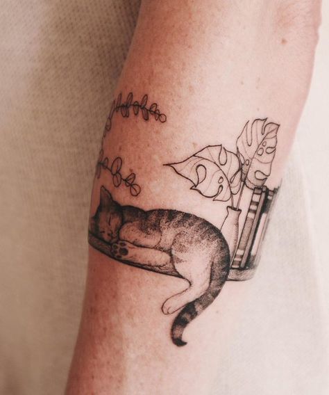 Cat On Shelf Tattoo, Boho Cat Tattoo, Cat And Plant Tattoo, Cat In Window Tattoo, Cat And Book Tattoo, Shelf Tattoo, Small Bff Tattoos, Baby Tattoo Designs, Bff Tattoos