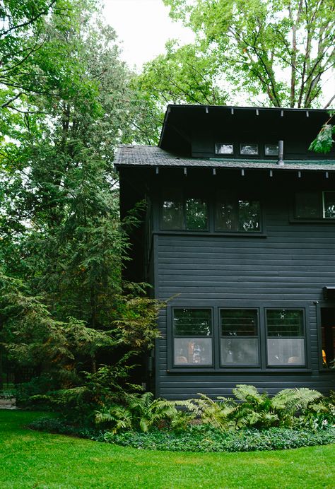 Painting the Cabin Dark Green - Deuce Cities Henhouse Dark Home Exterior, Mountain House Exterior, Cottage Exterior Colors, Home Designs Exterior, Black Houses, Dark House, Lots Of Windows, Cottage Exterior, Black House Exterior