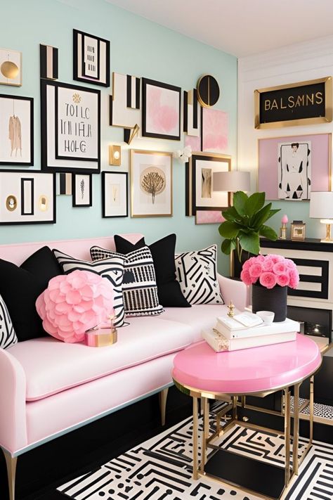 Kate Spade Bedroom, Pink House Interior, Hollywood Glam Decor, Feminine Living Room, Colorful Room Decor, Trendy Apartment, Sleek Furniture, Living Room Decor Inspiration, Pink Living Room