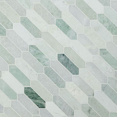 Icelandic Green Picket Polished Green Picket Tile, Green Kitchen Backsplash, Picket Tile, Blue Green Tile, Green Backsplash, Green Mosaic, Grayish Green, Mosaic Tile Backsplash, Mosaic Floor Tile