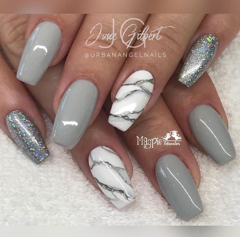 Grey Nail, Grey Nail Designs, Shape Nails, Fall Nail Art Designs, Coffin Shape, Gray Nails, Coffin Shape Nails, Short Acrylic, Fall Nail Art