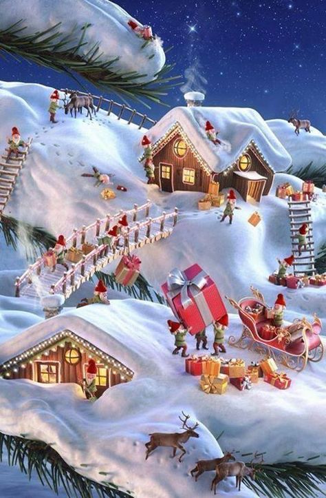 North Pole Battery Wallpaper, Cer Nocturn, Vintage Jul, Wallpaper Natal, Wallpaper Video, Christmas Scenery, Pinterest Video, Christmas Village Display, Illustration Noel