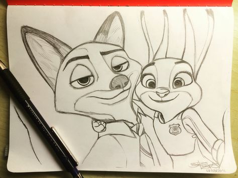 Zootopia Nick And Judy Drawing, Zootopia Drawings Easy, Sketches Best Friends, Cartoon Sketches Disney, Zootopia Painting, Friends Sketch Drawing Ideas, Zootopia Drawings, Zootopia Sketch, Cartoon Art Disney