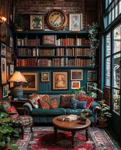 Maximalist Victorian Living Room, Dark Maximalism Library, Cozy Eclectic Apartment, Jewel Tone Decor Interior Design, Maximalist Bookshelf Aesthetic, Maximalist Decor Bookshelf, Moody Maximalist Bookshelf, Retro Maximalist, Moody Rooms