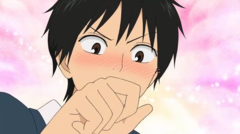 This character's expression coveys embarrassment because of the way this character is covering his mouth with his hand and his face is blushing. Shota Kazehaya, Shouta Kazehaya, Blushing Face, Shoujo Anime, Hands On Face, 너에게 닿기를, Icons Random, Tamako Love Story, Romance Anime