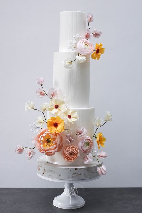 Peony & Ranunculus wedding cake by Blossom Tree Cake Company, Harrogate, North Yorkshire Wedding Cake Fondant Flowers, Ranunculus Wedding, Hand Painted Wedding Cake, Peony Cake, Orange And Pink Wedding, Perfect Wedding Cake, Fondant Flower Tutorial, Wafer Paper Flowers, Fondant Wedding Cakes