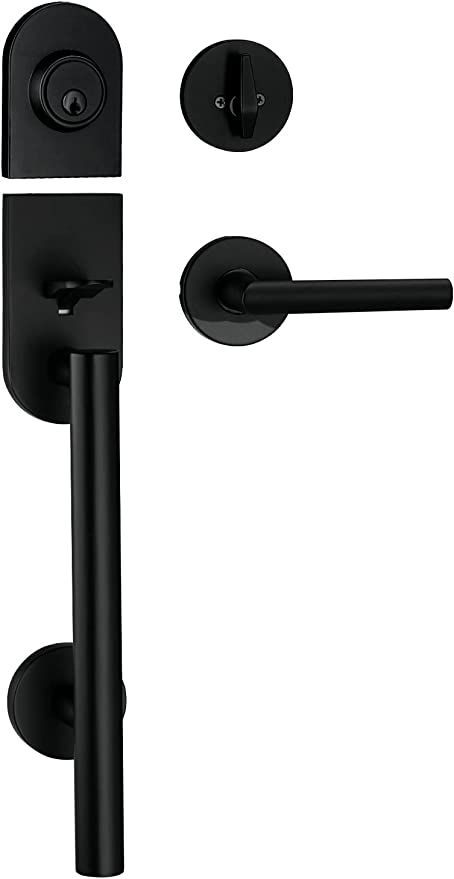 Berlin Modisch HandleSet Front Door Entry Handle and Deadbolt Lock Set Sleek Round Lever and Single Cylinder Deadbolt Heavy Duty - Iron Black Finish - - Amazon.com Front Door Handles Modern, Front Door Handleset, Black Entry Doors, Black Exterior Doors, Front Door Entry, Door Handle With Lock, Front Door Hardware, Entry Door Handles, Modern Entry Door