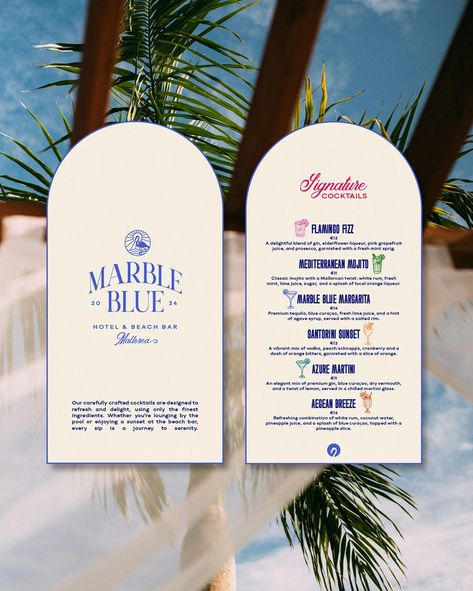 Marble Blue, a hotel resort & beach bar that captures the island’s essence, combines luxury with the charm of the coastal and natural environments 🌴  holiday, beach bar branding, beach bar menu, cocktail menu, cocktail menu design, drinks menu inspo, arch menu, holiday branding, logo design inspo, beach logo, beach bar logo, hotel logo, elegant design, luxurious design, menu mockup, print design, print designer Beach Bar Branding, Hotel Collateral, Beach Bar Design, Cocktail Menu Design, Holiday Branding, Resort Branding, Luxury Graphic Design, Drink Menu Design, Bar Branding