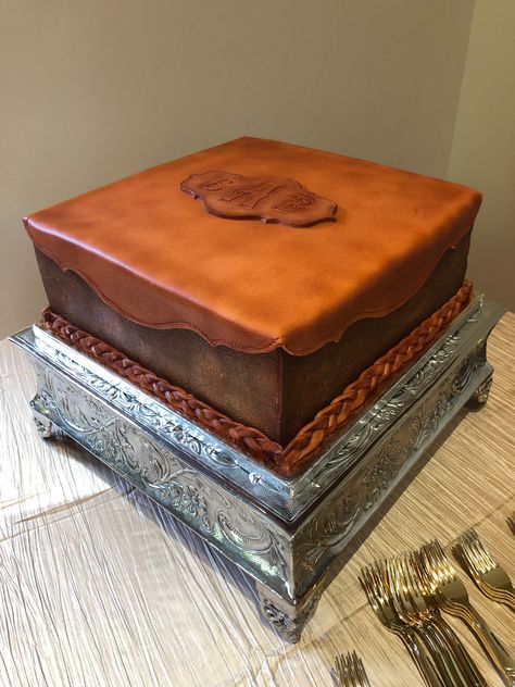 Tooled Leather Cowboy Groom’s Cake Cowboy Grooms Cake, Western Grooms Cake, Rehearsal Dinner Cake, Cowboy Groom, Western Wedding Cakes, Turquoise Cake, Custom Treats, Grooms Table, Western Themed Wedding