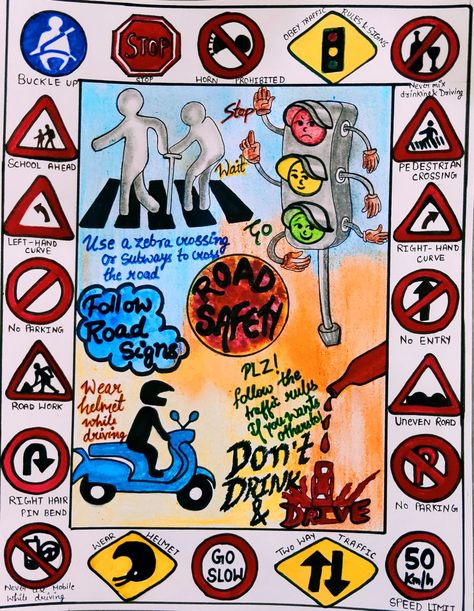 Poster Road Safety, Safety Road Poster, Traffic Awareness Poster Drawing, Road Safety Awareness Poster, Traffic Awareness Drawing, Poster Making On Road Safety, Traffic Rules Poster Drawing, Safety Drawings Ideas, Traffic Safety Posters Drawing