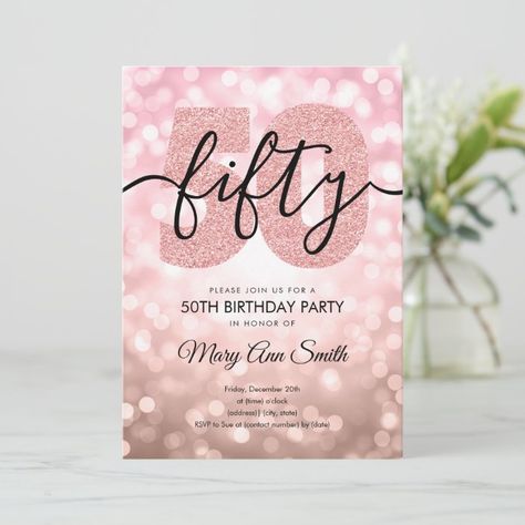 Elegant Rose Gold 50th Birthday Party Invitation | Zazzle.com 50th Birthday Invitations Template, Rose Gold 50th Birthday Party, 30th Birthday Wishes, Birthday Logo, 50th Birthday Party Decorations, 50th Birthday Party Invitations, Rose Gold Invitations, 50th Birthday Decorations, Invite Ideas