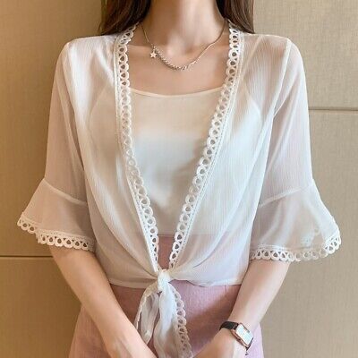 Women Chiffon Ruffles Lace Cape Shrug Bolero Capelet Hollow Out Cardigan | eBay Lace Cape, Chiffon Ruffle, Light Jacket, Lace Trim, Ruffles, Kimono Top, Cape, Chiffon, Long Sleeve Blouse