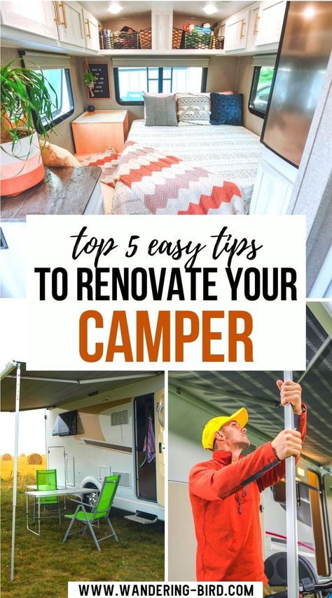 5 Easy Tips to Renovate your RV, Motorhome or Trailer. Planning a camper makeover? Looking for RV decorating ideas, camper renovations, travel trailer remodels or easy camper decor hacks? Here are 5 of the EASIEST camper makeover tips you will ever see- do them TODAY! RV makeover hacks | Camper remodel tips | Motorhome decorating ideas | DIY camper decor | Small trailer remodel | Before and after photos | On a budget camper makeover ideas | camper makeover on a budget | camper makeover ideas | Motorhome Decorating Ideas, Small Trailer Remodel, Diy Camper Decor, Rv Decorating Ideas, Small Camper Interior, Camper Renovations, Rv Decorating, Camper Reno, Small Travel Trailers