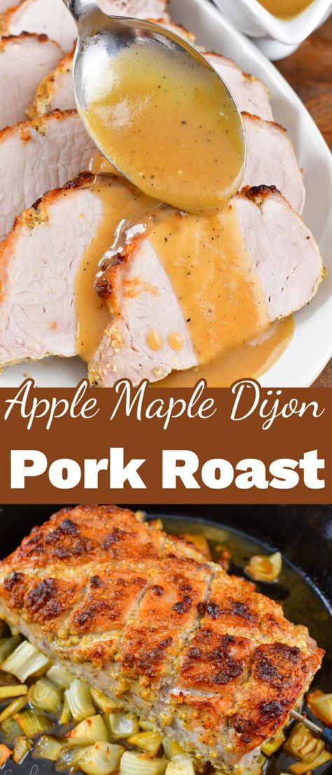 Apple Maple Dijon Pork Roast is a beautiful main course for family and holiday dinners infused with apples, maple syrup, and Dijon mustard flavors. This pork loin is oven roasted to tender, juicy perfection on the bed of vegetables. A recipe for a fantastic pan-drippings gravy is also included. Drippings Gravy, Pork Roast Recipes Oven, Apple Pork Loin, Pork Loin Recipes Oven, Pork Roasts, Baked Pork Loin, Pork Roast With Apples, Crockpot Pork Loin, Slow Cooker Pork Loin