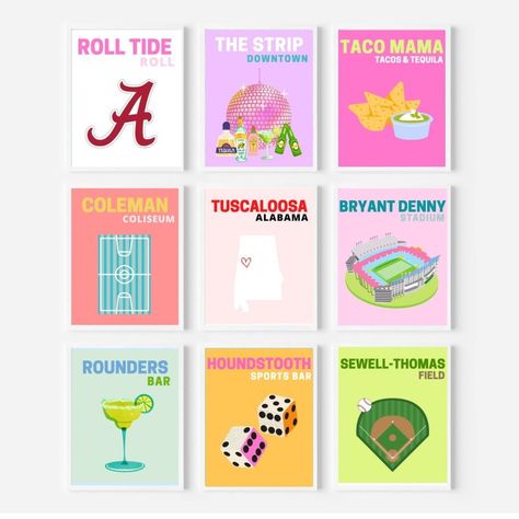 University Of Alabama Prints, Alabama Tuscaloosa, Alabama Wallpaper, Alabama Decor, Room Decor Trendy, Preppy Prints, Wall Art Preppy, Pink Dorm, Preppy Wall Art