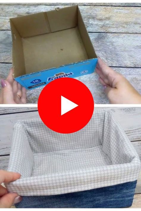 craft tutorial on how to make cardboard basket organizer with jeans Cardboard Basket, Cardboard Box Diy, Cardboard Organizer, Fabric Covered Boxes, Cardboard Craft, Cardboard Crafts Diy, Cardboard Box Crafts, Basket Crafts, Basket Organizer