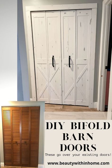 outdated shutter style wood bifold doors and then white diy bifold barn doors Diy Bifold Doors, Door Remodel, Bifold Doors Makeover, Diy Closet Doors, Making Barn Doors, Laundry Doors, Closet Door Makeover, Bifold Barn Doors, Barn Door Closet