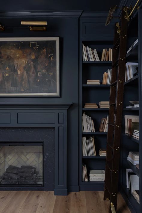 Brick House Haven portfolio Book Shelves Fireplace, Book Shelf Fireplace, Fireplace Dark, Shelves Fireplace, Shelf Fireplace, Dark Paint Colors, Farmhouse Chairs, Moody Interiors, Best White Paint