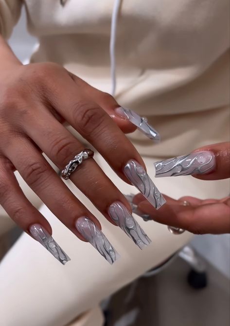 Silver And Clear Nails, Square Part Locs, Silver Crome Nails Design Square, Chrome Square Acrylic Nails, Square Silver Chrome Nails, Silver Metallic Nails Square, Silver Design Nails, Silver Nails Ideas, Silver Chrome Nails With Charms