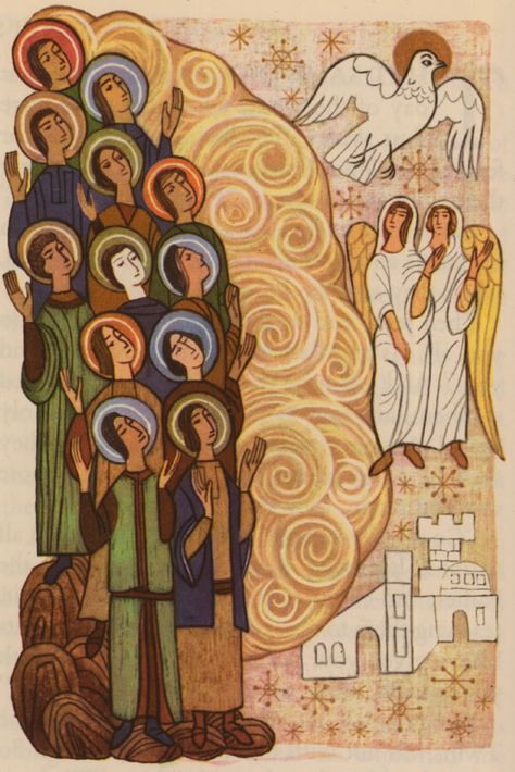 "There are different kinds of spiritual gifts but the same Spirit;there are different forms of service but the same Lord;there are different workings but the same God who produces all of them in everyone." Excerpt 2nd reading -Pentecost Sunday Mass. Image by Alice and Martin Provensen Pentecost Art, Martin Provensen, Alice Martin, Pentecost Sunday, Bible Illustrations, Religious Illustration, Byzantine Art, Biblical Art, Religious Icons