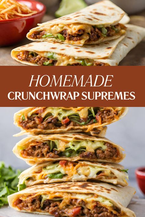 Crunchwrap Supreme is a Tex-Mex dish with seasoned meat, cheese, tostada, sour cream, lettuce, and tomato in a folded tortilla, cooked until crispy. It's a homemade version of a Taco Bell favorite. Crunchwrap Supreme Recipe, Simple Food Recipes, Homemade Crunchwrap, Crunchwrap Supreme, Homemade Crunchwrap Supreme, Salad Wraps, Taco Salad, Taco Bell, Cheap Meals