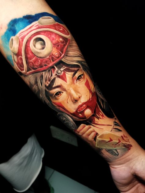 Colored tattoo done by keis.tattoo IG Princess Mononoke Tattoo, Studio Ghibli Tattoo, Inspirational Tattoo, Ghibli Tattoo, Realistic Tattoo, Princess Mononoke, Realism Tattoo, Woman Portrait, Inspirational Tattoos