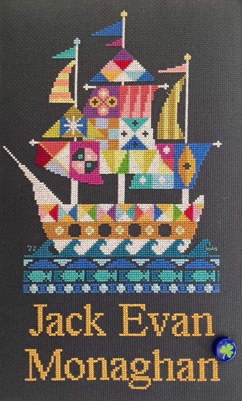 Satsuma Street's "Voyage" stitched on 14 count charcoal Aida with called for colors. Framed 9.25" x 14.5" in silver medal frame for a great nephew. Jack Evans, Cross Stitch, Frame, Silver, Color, Art