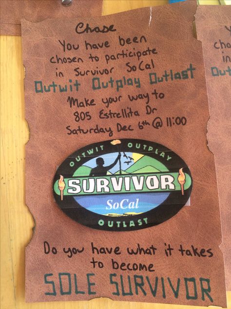 Survivor invitation Survivor Poster, Survivor Party Games, Survivor Theme, Survivor Idea, Survivor Challenges, Survivor Tv, Survivor Games, Survivor Party, Hall Decorations