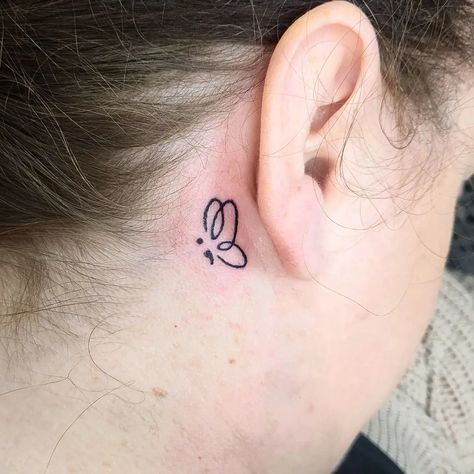 Semi-colon Butterfly Tattoo Behind The Ear, Behind The Ear Semi Colon, Simple Behind Ear Tattoos For Women, Semi Colon Behind Ear Tattoo, Semi-colon Tattoo Behind The Ear, Semi-colon Tattoo Ideas Wrist, Semi-colon Butterfly Tattoo Simple, Hidden Semi-colon Tattoo Ideas, Semi Colon Tattoos For Women