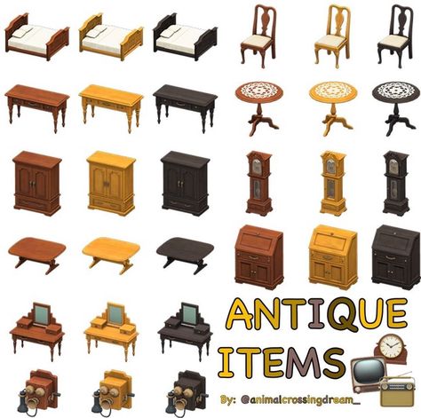 𝐀𝐍𝐈𝐌𝐀𝐋 𝐂𝐑𝐎𝐒𝐒𝐈𝐍𝐆 𝐍𝐄𝐖 𝐇𝐎𝐑𝐈𝐙𝐎𝐍𝐒 🍀 on Instagram: “All Antique items, this colecction no is my favourite but is very vintage . 🤎🕰📺📻 😝  @animalcrossingdream_  #animalcrossingnewhorizons #acnh…” Acnh Furniture Sets, Acnh Sets, Animal Crossing Furniture, Acnh Furniture, Acnh Vintage, Animal Crossing Items, Acnh Items, Acnh Inspiration, Antique Bedroom Furniture