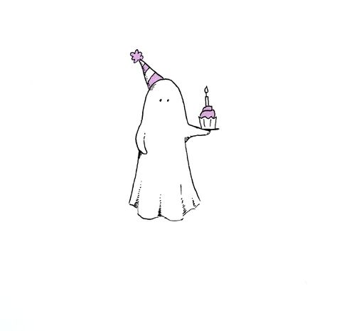 "This greeting card features an original ink illustration of a ghost offering a cupcake for someone's birthday or any other reason for celebrate! Perfect for those who love a little spooky-cute all year round. -Printed on white stock -Folded dimension is 4.25\" wide by 5.5\" tall, vertical orientation -Blank inside for your own personal message -Comes with an envelope in a coordinating color, but message me if you have a different color in mind and I will do my best to accommodate. -Card is ship Ghost Birthday Drawing, Birthday Ghost Drawing, Spooky Birthday Wishes, Emo Birthday Card, Spooky Birthday Cards, Goth Birthday Card, Halloween Birthday Card Ideas, October Birthday Cards, Cute Happy Birthday Doodles