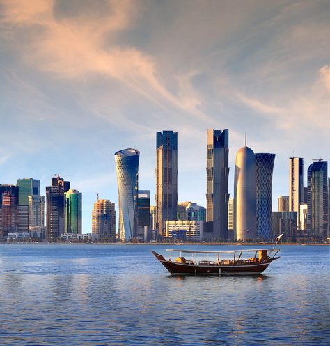 Doha, #Qatar skyline Qatar Landscape, Qatar Skyline, Qatar Architecture, Doha Skyline, Arabic Luxury, Desert Luxury, Palace Design, Dubai Prince, Qatar Travel