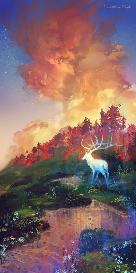 Yuumei Art, White Deer, Large Art Prints, Magical Art, Fantasy Art Landscapes, Autumn Vibes, Dreamy Art, Environmental Art, Fantasy Landscape