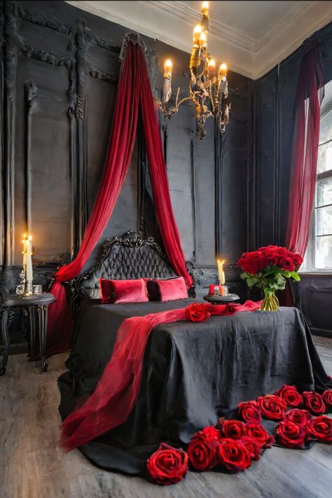 Give your bedroom an elegant haunted makeover with these Halloween-inspired decor ideas. 👻🛏️🕯️ #HauntedBedroom #ChicDecor #HalloweenBedroom Bedroom Inspo Aesthetic, Red Bedroom, Bedroom Inspo, Valentine's Day, Decor Ideas, Bedroom Decor, Bedroom, Red, Design