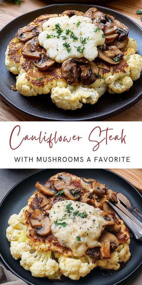 Cauliflower Steak with Mushrooms: A Weeknight Favorite! Ingredients: For the Cauliflower Steak: 1 cauliflower head Olive oil 15g (0.52 oz) butter (for cauliflower) Salt Black pepper #Cauliflower #Steak Steak With Mushrooms, Cauliflower Steaks Recipes, Cauliflower Mushroom, Cauliflower Steak, Mushroom Dish, Cheese Sauce Recipe, Steak And Mushrooms, Cauliflower Steaks, Vegan Cauliflower