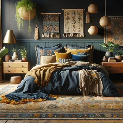 Blue Earthy Bedroom, Western Boho Bedroom, Jewel Tone Bedroom, Office Update, Colorful Bedroom Decor, Earthy Bedroom, Cozy Fall Bedroom, Bedroom Redo, Fall Bedroom