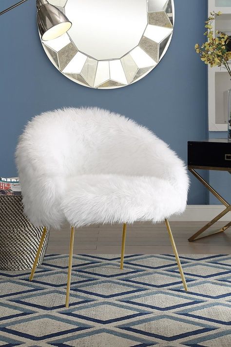 White Fluffy Chair, White Vanity Chair, Small White Bedrooms, White Bedroom Chair, Fluffy Chair, Home Office Modern, Dressing Chair, Trendy Furniture, Ikea Chair