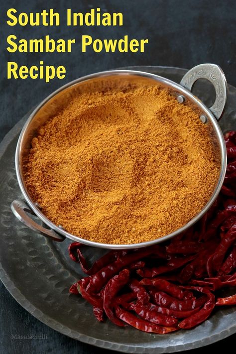 Step by Step Homemade Traditional Tamil Brahmin Style Sambar Powder Recipe to make delicious, aromatic, flavorful South Indian Sambar at home anytime.  #howtomake #homemade #sambar #powder #recipe #southindian #condiment #masala Sambar Powder Recipe, Sambhar Recipe, Podi Recipe, Masala Powder Recipe, Fruit Powder, Dehydrated Vegetables, Food Recipes Vegetarian, Dried Chillies, Spice Mix Recipes