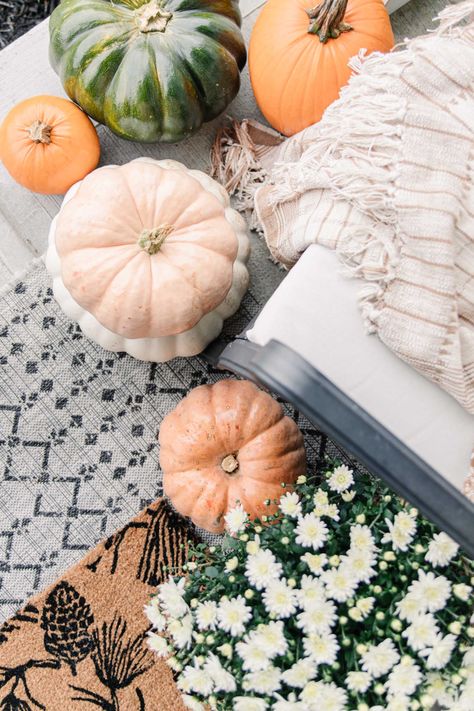 Fall Front Porch with Cinderella Pumpkins - Caitlin Marie Design Ikea Besta Tv Stand, Besta Tv Stand, Fairytale Pumpkins, Ikea Besta Tv, Simple Fall Porch Decor, Tv Stand Hack, Amazon Curtains, Besta Tv, Preserving Pumpkins