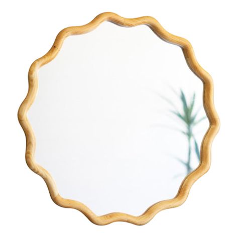 wiggle light wood circle framed mirror Squiggle Wall, Squiggle Mirror, Monochromatic Style, Gold Framed Mirror, Buffet Display, Entrance Ways, Frame Mirror, Entryway Organization, Wood Circles