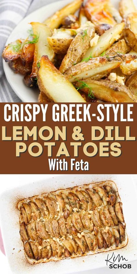 Crispy Greek-Style Lemon & Dill Potatoes With Feta Vegetarian Kids Recipes, Lemon Thyme Recipes, Feta Potatoes, Potatoes With Feta, Greek Style Potatoes, Crash Hot Potatoes, Lemon Roasted Potatoes, Greek Lemon Potatoes, Comfort Food Meals