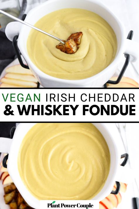 Dive into indulgence with our Vegan Whiskey Fondue! Featuring a creamy cashew + white bean base with a gooey, stretchy texture and a wonderful tangy zip, this fondue is reminiscent of an Irish cheddar sauce. The added whiskey takes the flavor to a whole new level, making it perfect for dipping ALL. THE. THINGS. Elevate your plant-based dining with this rich and flavorful fondue experience! Non Dairy Fondue Recipes, Vegan Fondue Recipes, Vegan Irish Recipes, Dairy Free Fondue, Vegan Fondue, Fondue Dinner, Dairy Free Appetizers, Irish Cheddar, Fondue Night