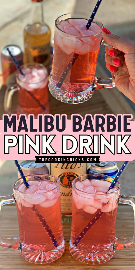 Beat the heat with this Malibu Barbie Pink Drink! The combination of Sprite, Vodka and Pink Lemonade making it a best summer cocktail drinks. This refreshing beverage is also a perfect alcoholic labor day party drink to have. Enjoy! 3 Ingredient Summer Cocktails, Simple Alcoholic Drinks 3 Ingredients, Pink Drink Cocktail, Easy Vodka Drinks 3 Ingredients, Girly Drinks Alcohol Girl Night, Pink Alcoholic Drink, Easy Cocktail Recipes 3 Ingredients, Barbie Drink Recipe, Pink Drinks Alcohol