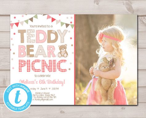 Picnic Invite, Bear Birthday Party Invitations, Teddy Bear Picnic Birthday Party, Teddy Bear Birthday Party, Picnic Invitations, Birthday Invitation Pink, Picnic Birthday Party, Teddy Bear Party, Birthday Picnic