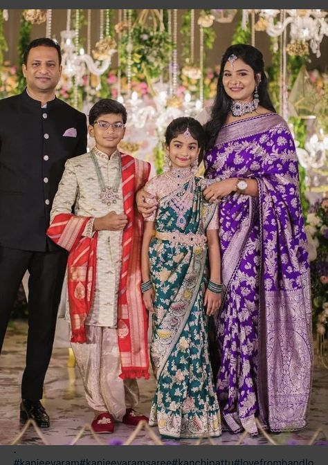 Family Matching Outfits Indian, Dhoti Function, Saree Function, Kids Indian Wear, Half Saree Function, Kids Blouse Designs, Traditional Blouse Designs, Wedding Saree Blouse Designs, Purple Saree